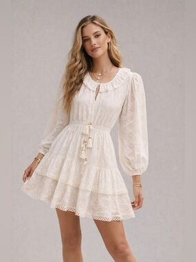 Alicia Bell Eyelet Dress medium White Boho Cottagecore Mini Ruffle Tiered